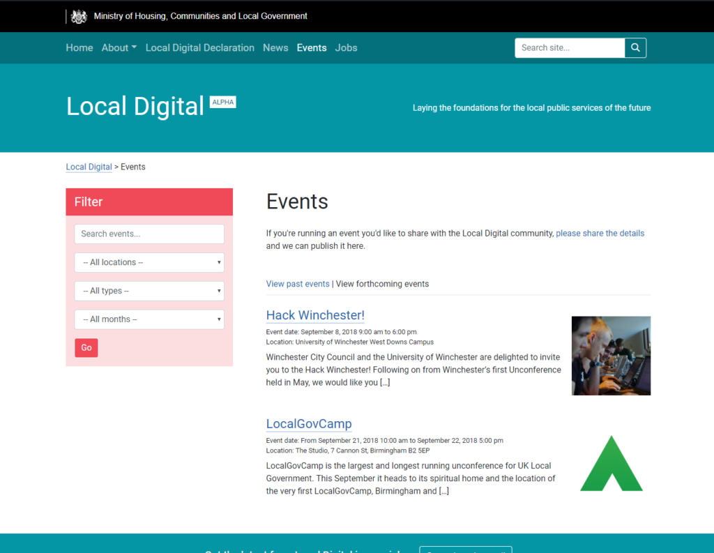 Screenshot of the events listing on the Local Digital website