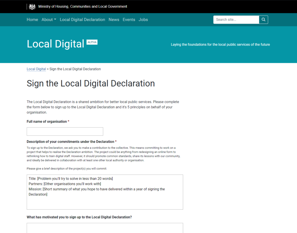 Screenshot of the Declaration sign up service