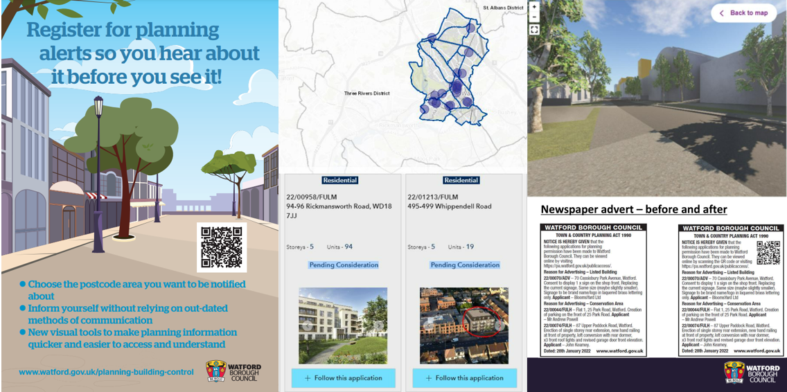 Screenshots of Watford's project outputs including 3D maps, maps of upcoming sites for development, Newspaper notices on planning (old version without QR code alongside updated version with QR code and links to more info online) and a leaflet showcasing a QR code to find out more about development before it takes place. 