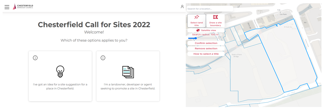 Screenshot of Chesterfield Council's call for sites portal which asks users if they are a developer or land owner looking to promote a site or if they are a member of the public with an idea for a site. On the right of the image is a screenshot of a map with an outline of a proposed site in red