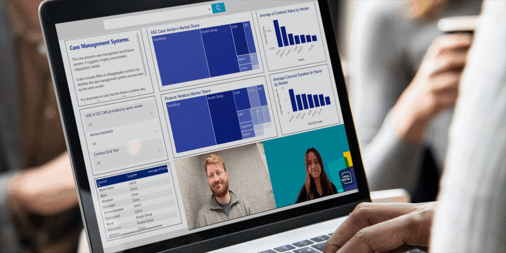 Two Local Digital team members on screen discussing a new tool to support local government with software market intelligence