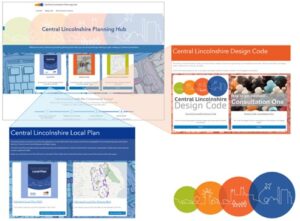 View of the main webpage of the planning hub with two pull out images showing the design code and local plan sections